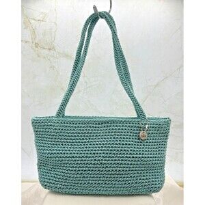 The Sak Teal Crochet Zippered Mini Purse Tote Handbag Striped Lining 10x6x3 EUC